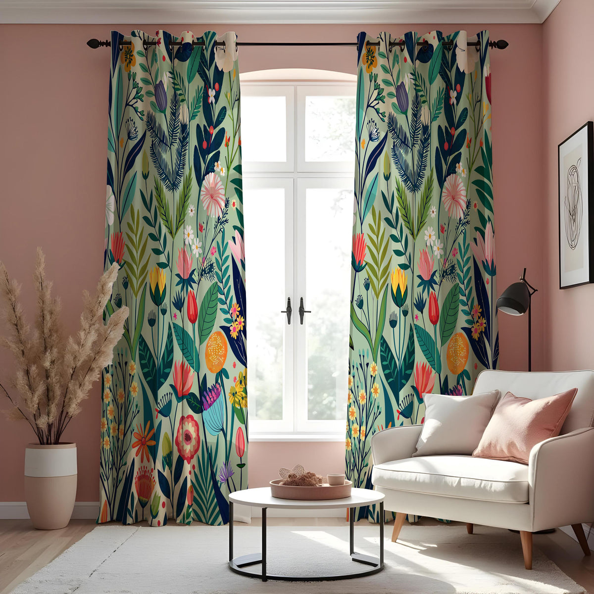 Vibrant Flower & Leaf Curtains, Colorful Botanical Drapes