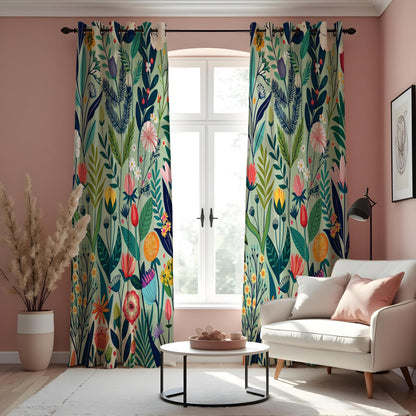 Vibrant Flower & Leaf Curtains, Colorful Botanical Drapes