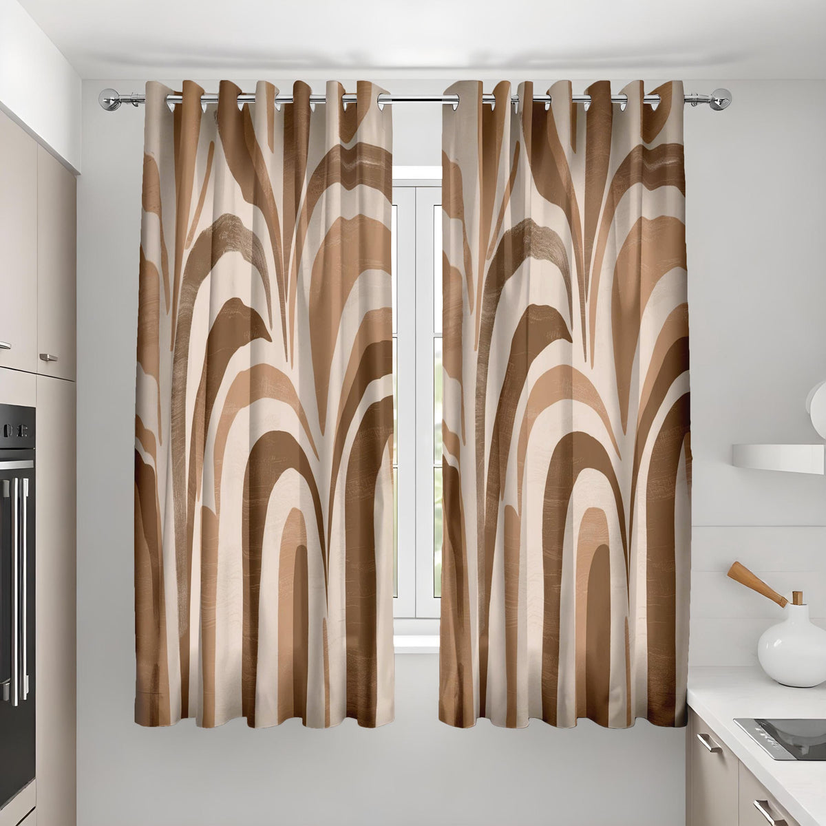 Brown Retro Wave Stripe Curtains, Boho Arch Pattern Drapes
