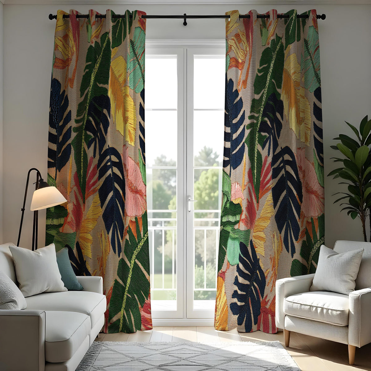 Multicolour Tropical Leaf Curtains, Jungle Foliage Drapes