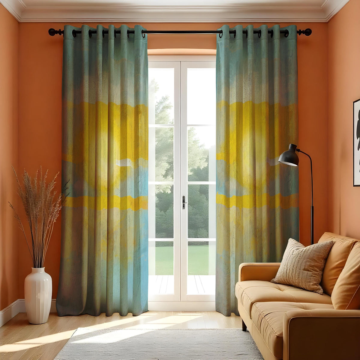 Yellow Blue Watercolor Landscape Curtains, Boho Drapes