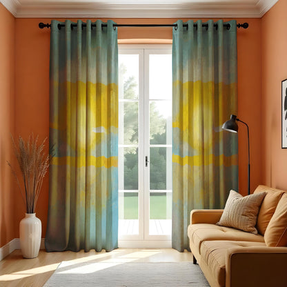 Yellow Blue Watercolor Landscape Curtains, Boho Drapes