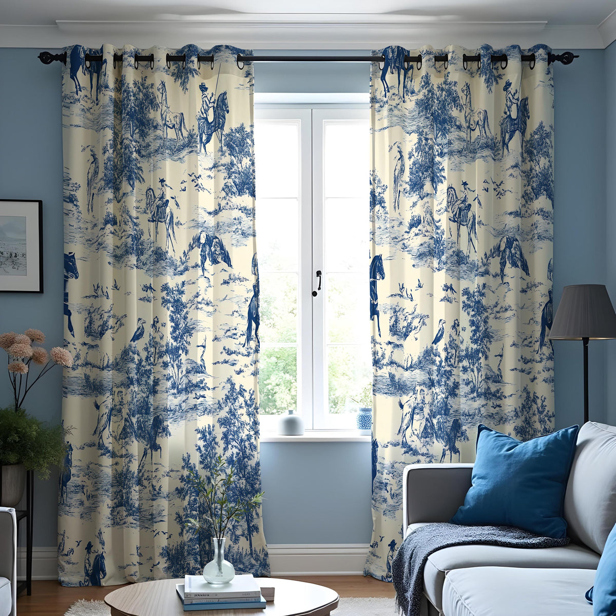 Blue Toile Curtains, French Country Pastoral Scene Drapes
