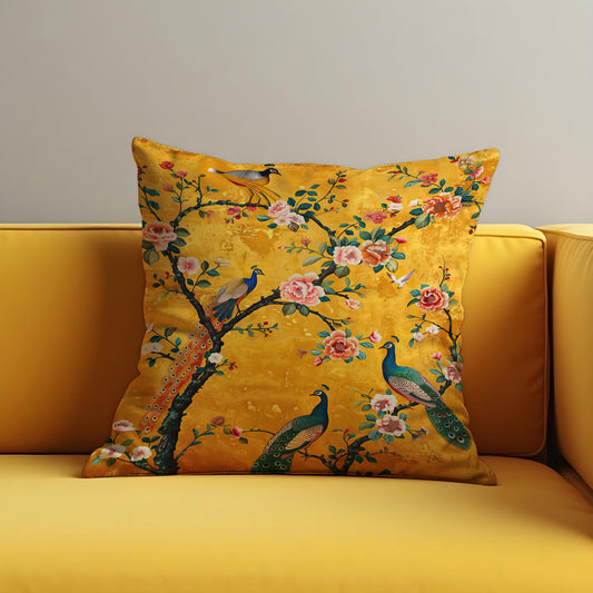 Peacock Cushion Cover, Oriental Floral Throw Pillow Case