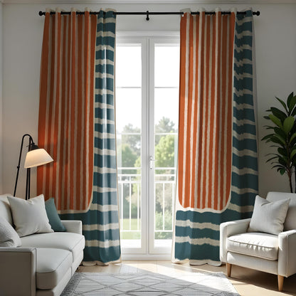 Rust Orange & Teal Stripe Curtains, Modern Boho Drapes