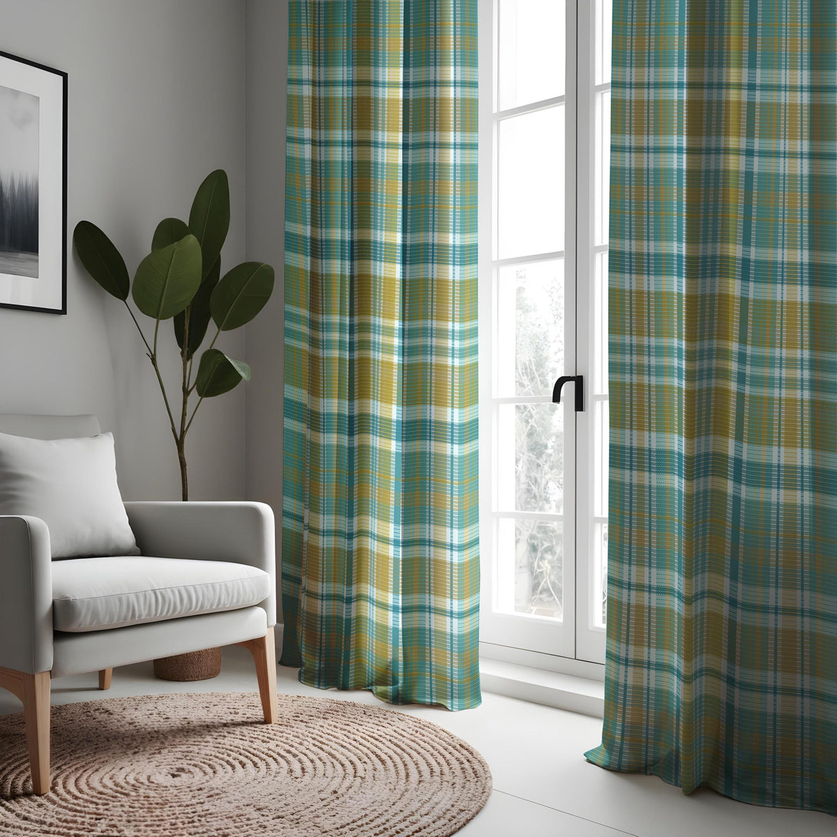 Green Plaid Check Curtains, Farmhouse Style Window Drapes