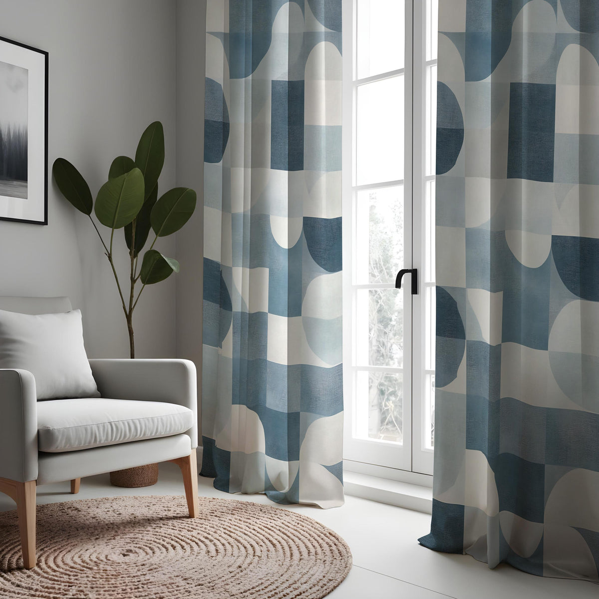 Blue Abstract Geometric Curtains, Minimalist Custom Drapes