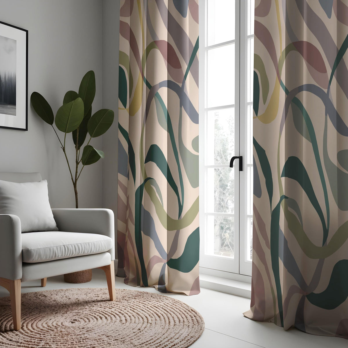Earth Tone Abstract Leaf Curtains, Botanical Print Drapes