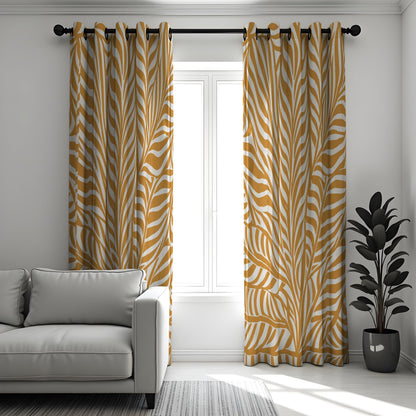 Mustard Yellow Botanical Leaf Curtains, Custom Window Drapes