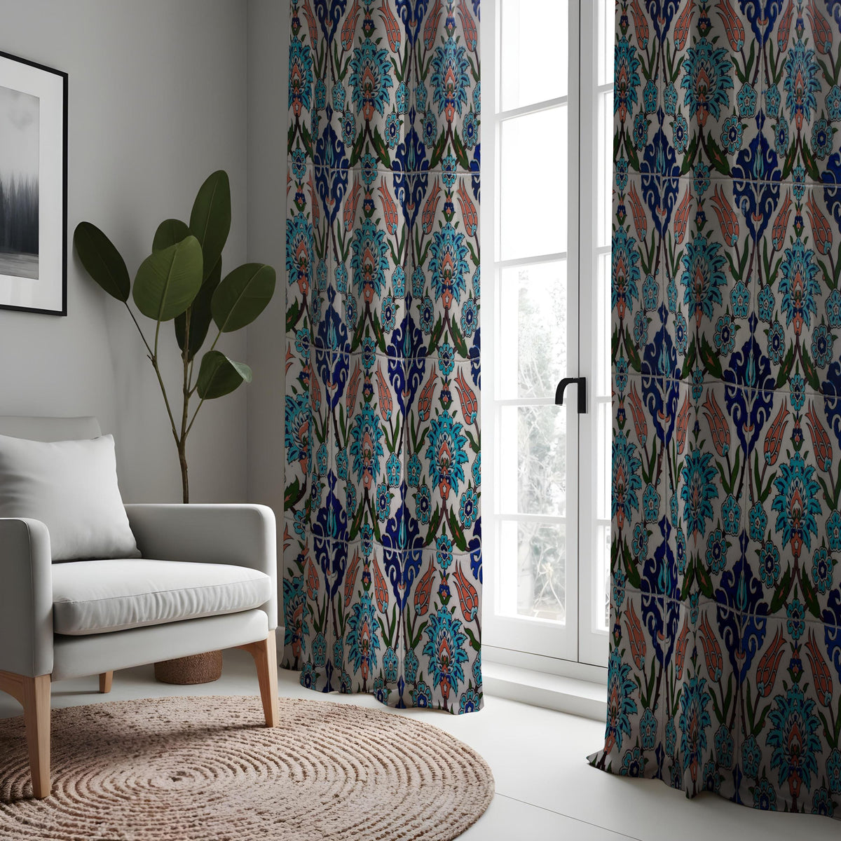 Blue & Orange Ikat Curtains, Boho Mediterranean Drapes