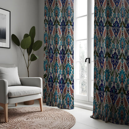 Blue & Orange Ikat Curtains, Boho Mediterranean Drapes