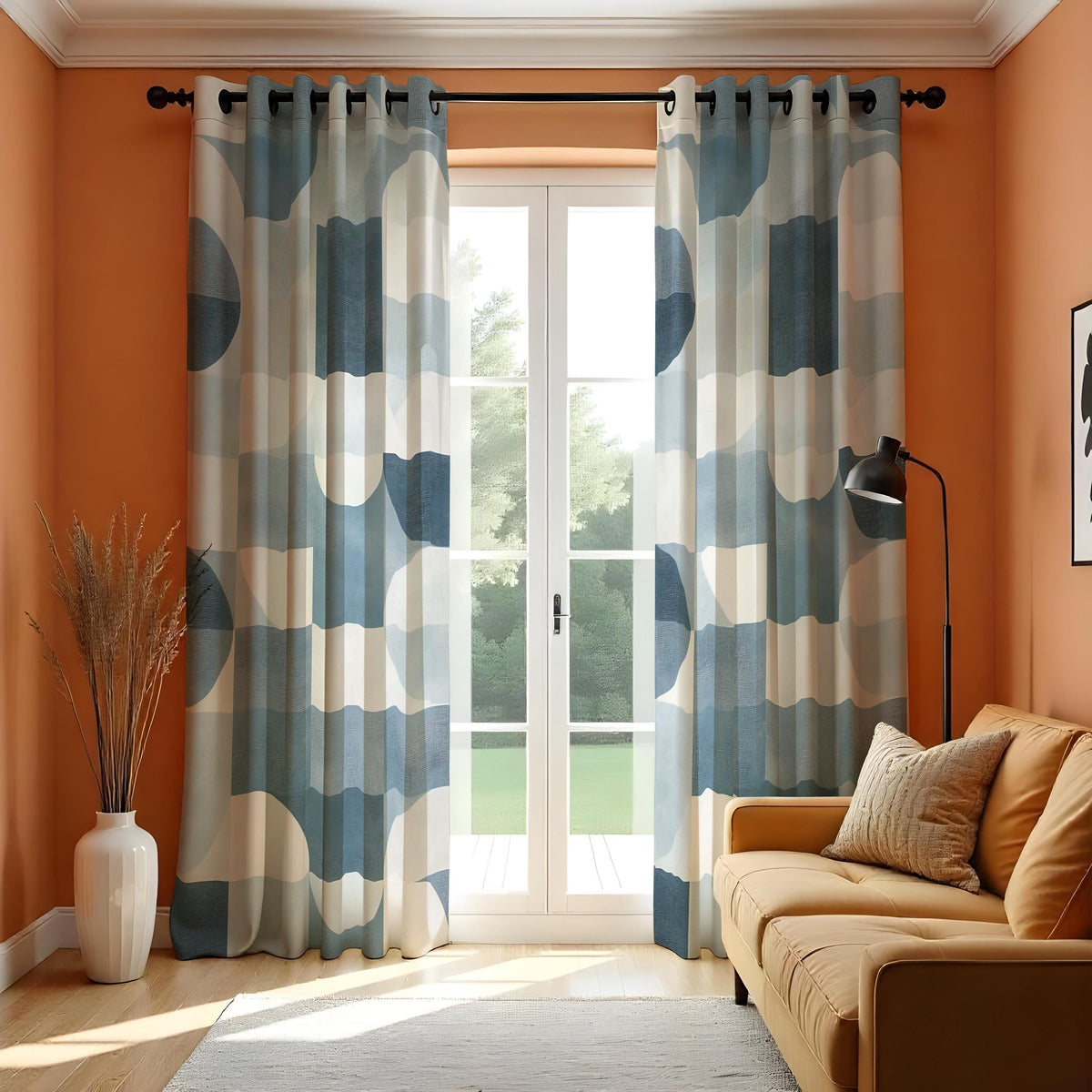 Blue Abstract Geometric Curtains, Minimalist Custom Drapes