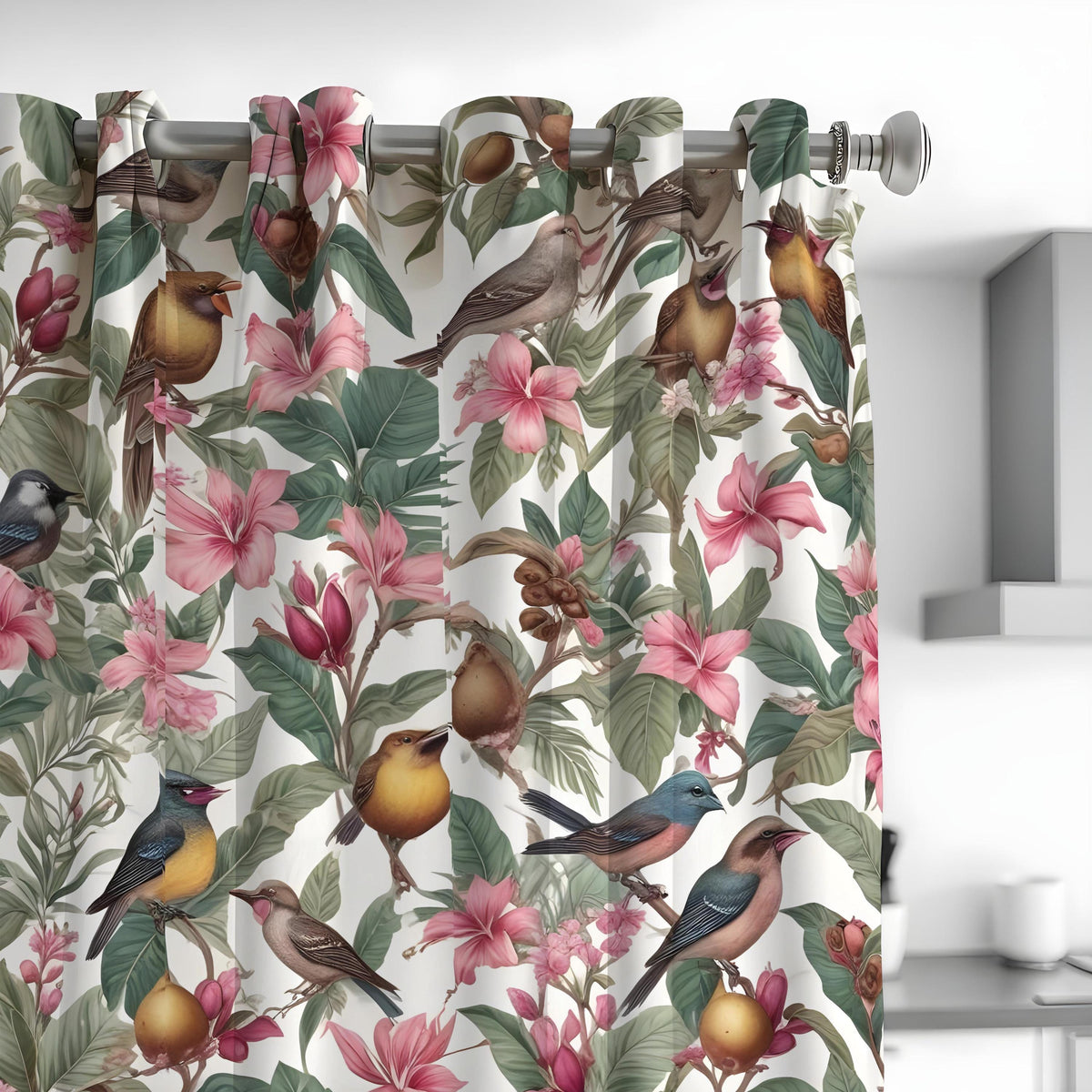 Tropical Bird & Flower Curtains, Vibrant Botanical Drapes