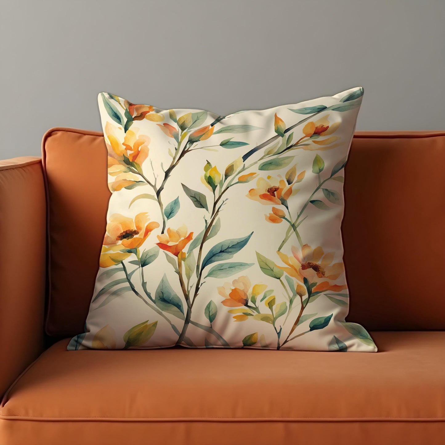 Spring Floral Cushion Cover, Orange & Yellow Watercolor Flowers Pillow Case