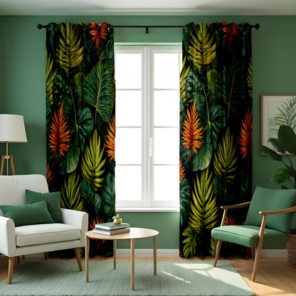 Deep Green & Orange Rainforest Curtains, Tropical Drapes