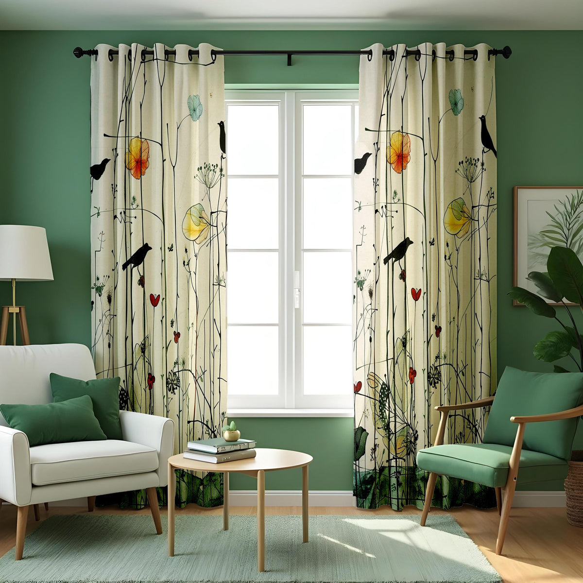 Bird and Flower Curtains, Botanical Art Print Window Drapes