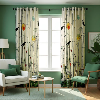 Bird and Flower Curtains, Botanical Art Print Window Drapes