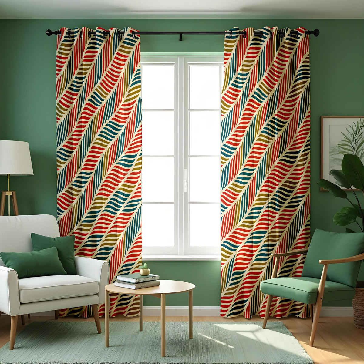 Orange Teal Mustard Wave Stripe Curtains, Retro Drapes