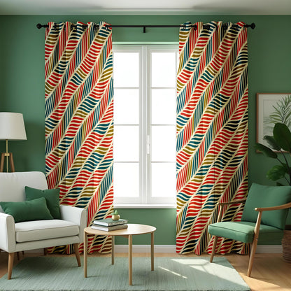 Orange Teal Mustard Wave Stripe Curtains, Retro Drapes