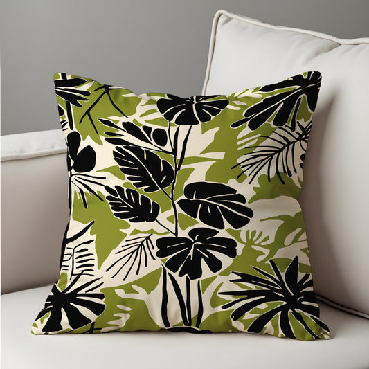Black Green Leaf Cushion Cover, Tropical Pillow Case