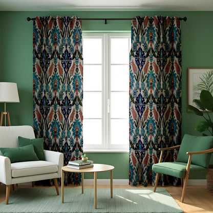 Blue & Orange Ikat Curtains, Boho Mediterranean Drapes