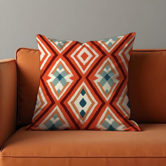 Southwestern Geometric Cushion Cover, Bold Rust Orange Kilim Pillow Case