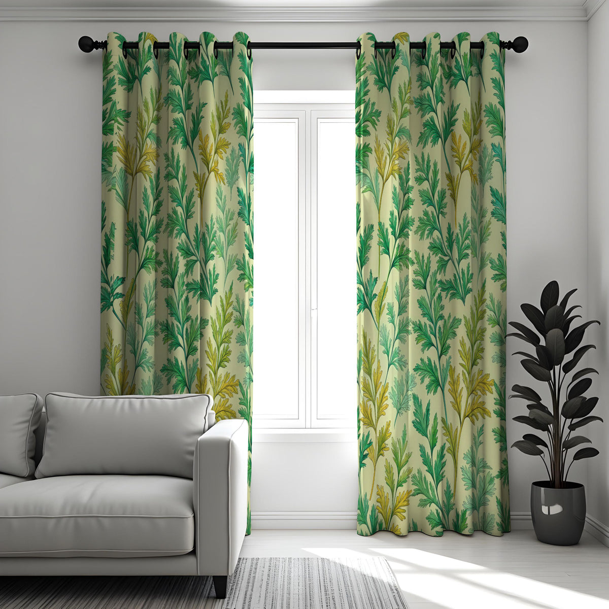 Green Botanical Leaf Curtains, Tropical Nature Drapes