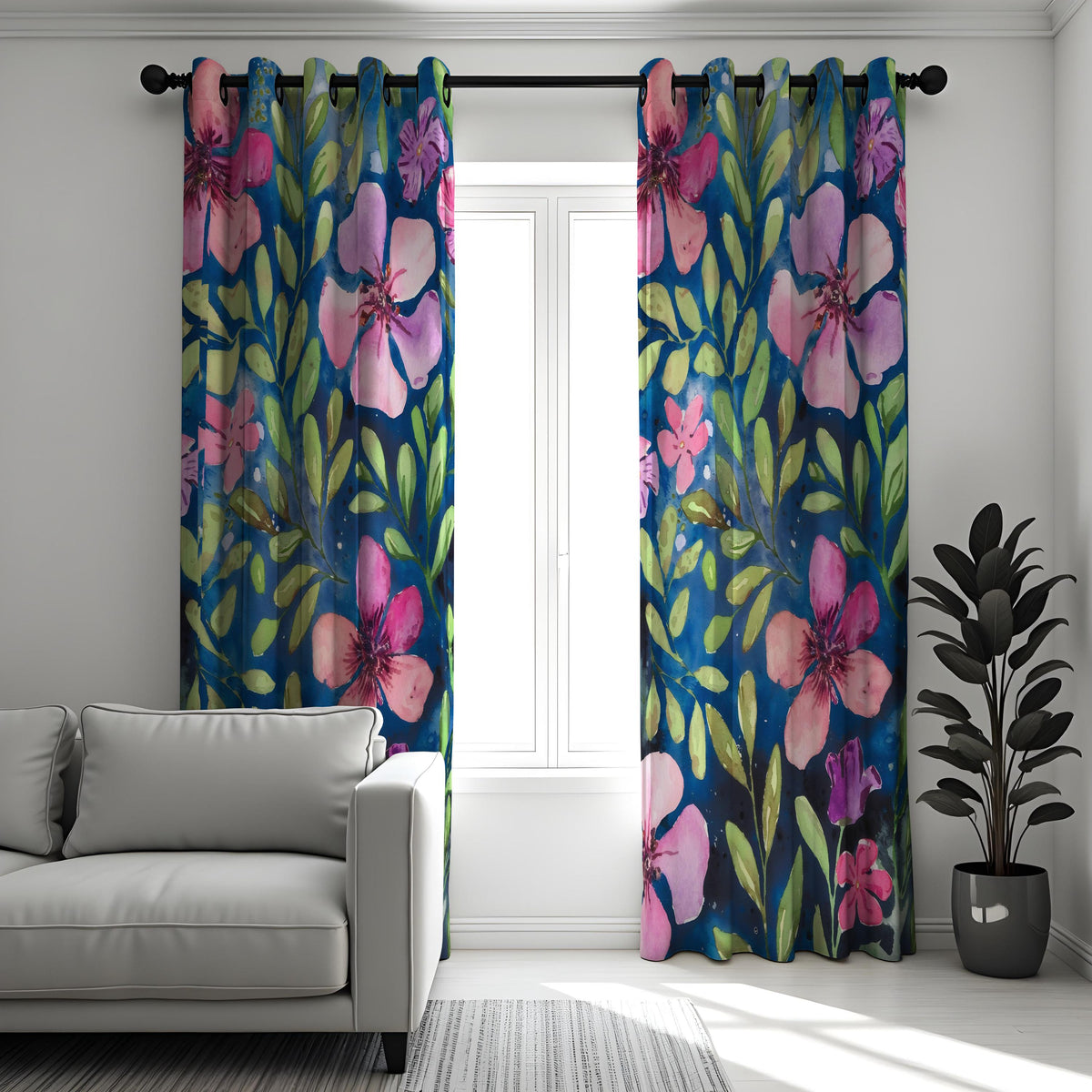 Navy Pink Watercolor Floral Curtains, Botanical Drapes