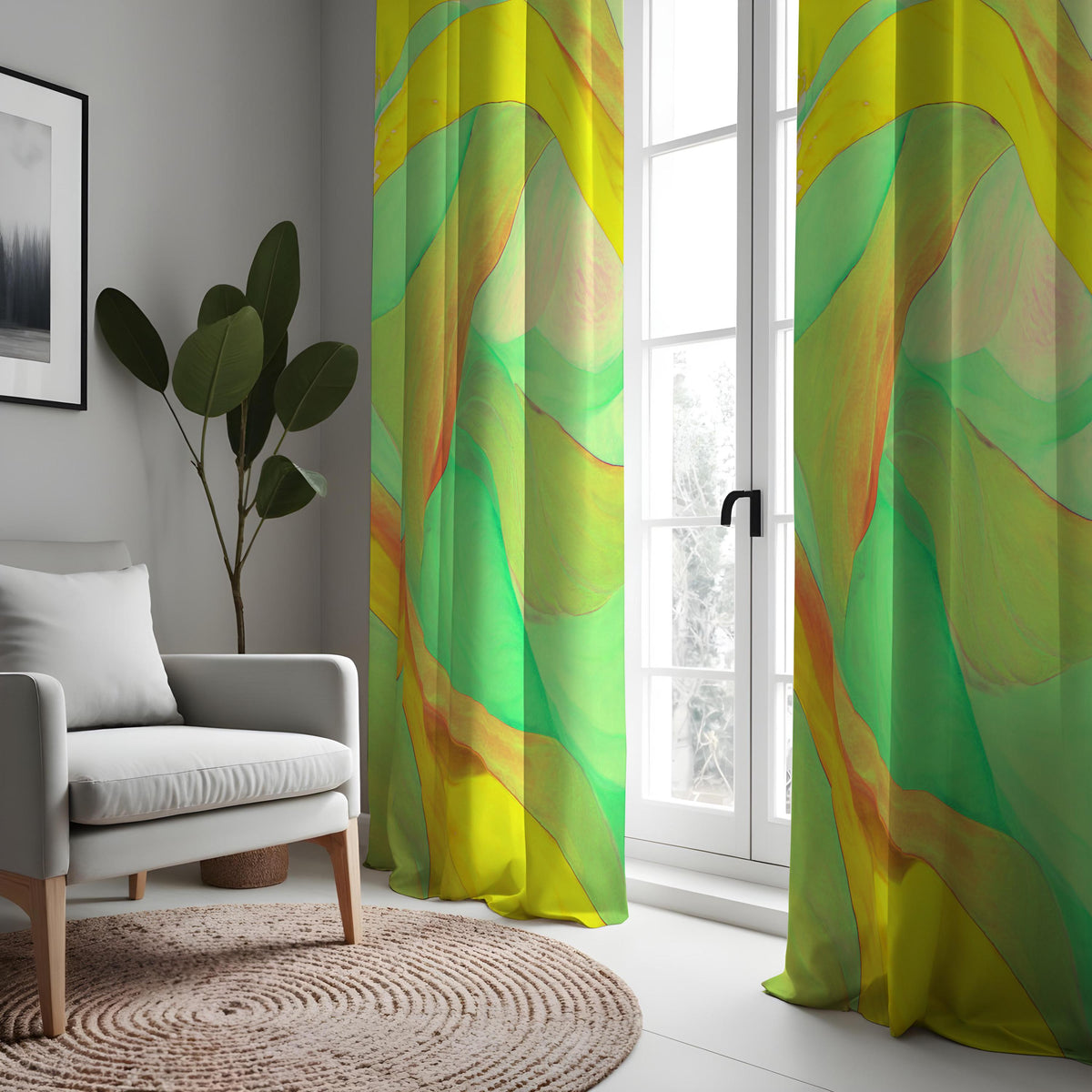 Green Yellow Fluid Wave Curtains, Abstract Window Drapes