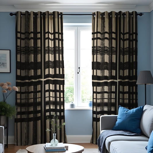 Black Beige Checkered Curtains, Minimalist Geometric Drapes
