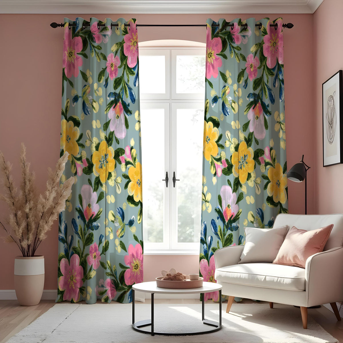 Yellow & Pink Watercolor Floral Curtains, Botanical Drapes