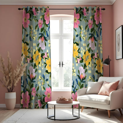 Yellow & Pink Watercolor Floral Curtains, Botanical Drapes