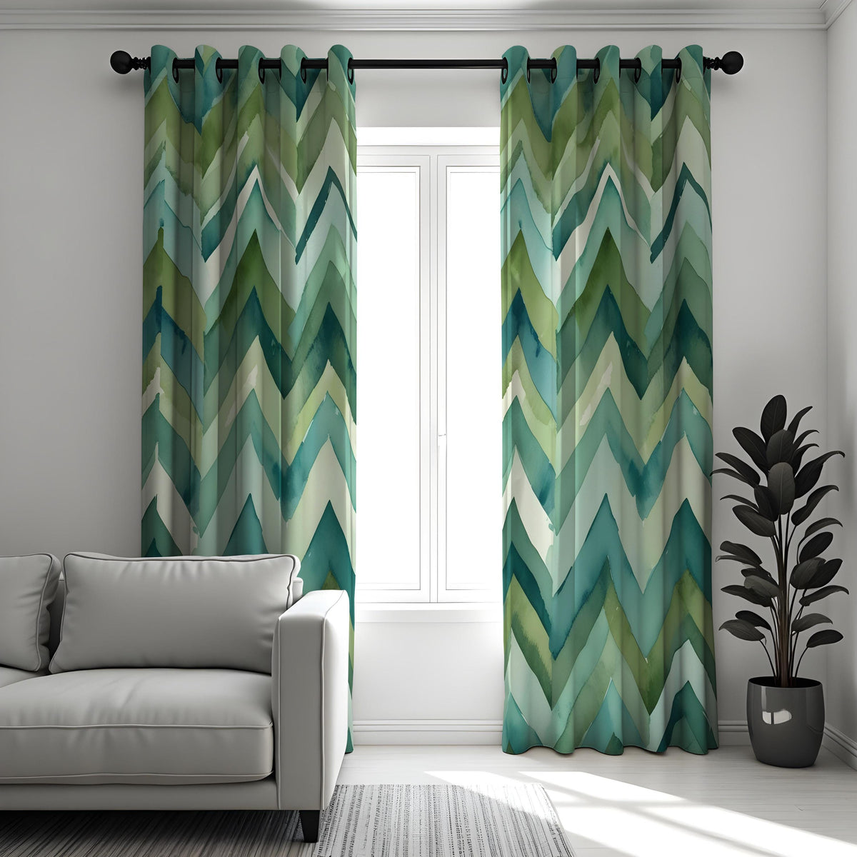 Green Zigzag Chevron Curtains, Custom Made Window Drapes