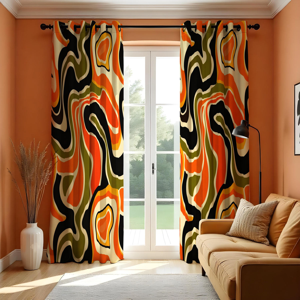 70s Retro Psychedelic Swirl Curtains, Orange Olive Drapes