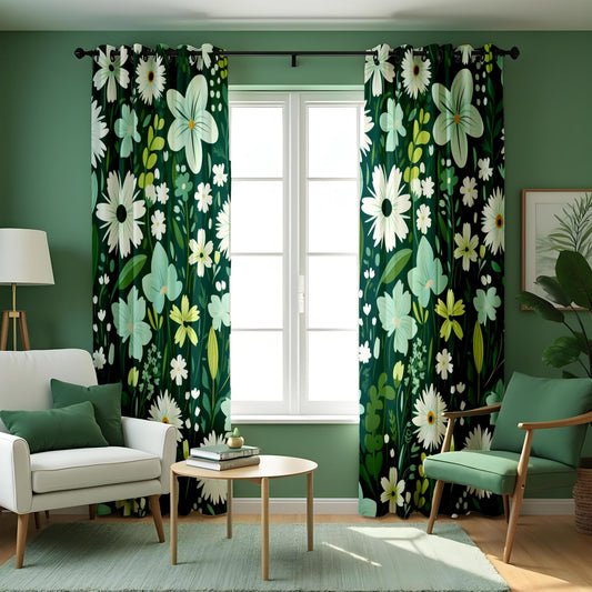Dark Green Daisy Curtains, White Wildflower Botanical Drapes