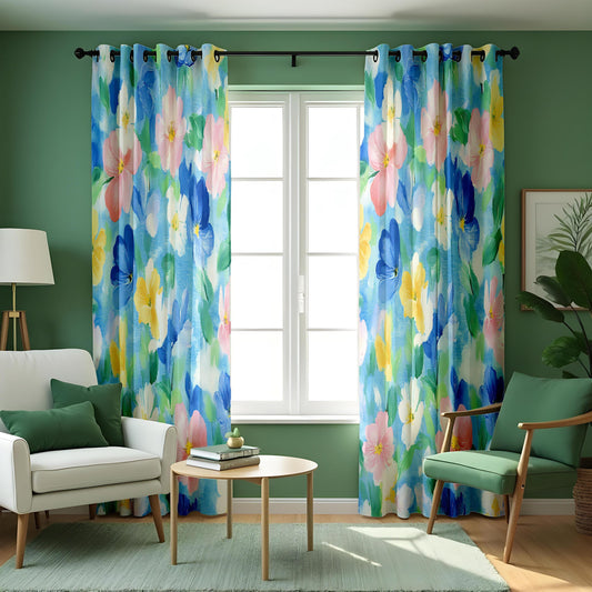Pastel Blue Floral Curtains, Watercolor Spring Drapes