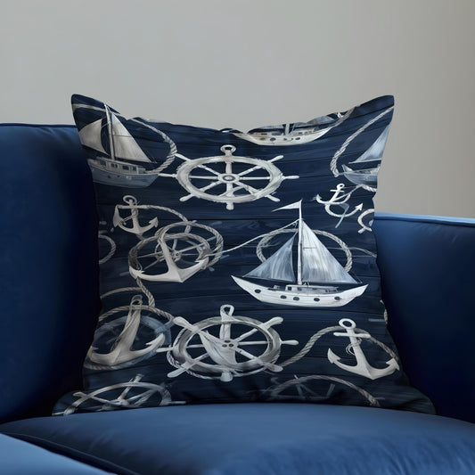 Nautical Sailing Boat Cushion Cover, Navy Pillow Case