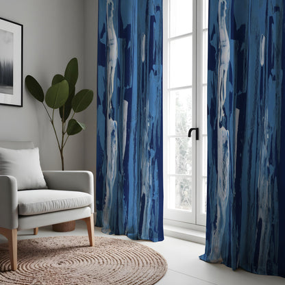 Dark Blue Waterfall Abstract Curtains, Modern Art Drapes