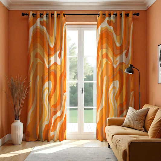 Orange Retro Swirl Curtains, 70s Mid Century Wave Drapes