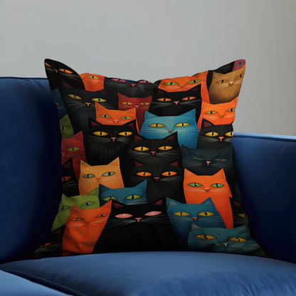 Colorful Cat Faces Cushion Cover, Funky Black & Rainbow Cats Pillow Case