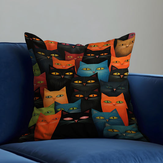 Colorful Cat Faces Cushion Cover, Funky Black & Rainbow Cats Pillow Case