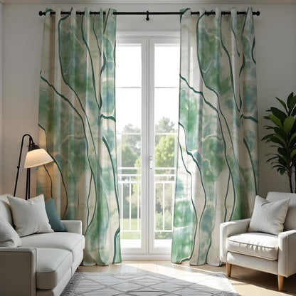 Green Watercolor Abstract Curtains, Artistic Custom Drapes