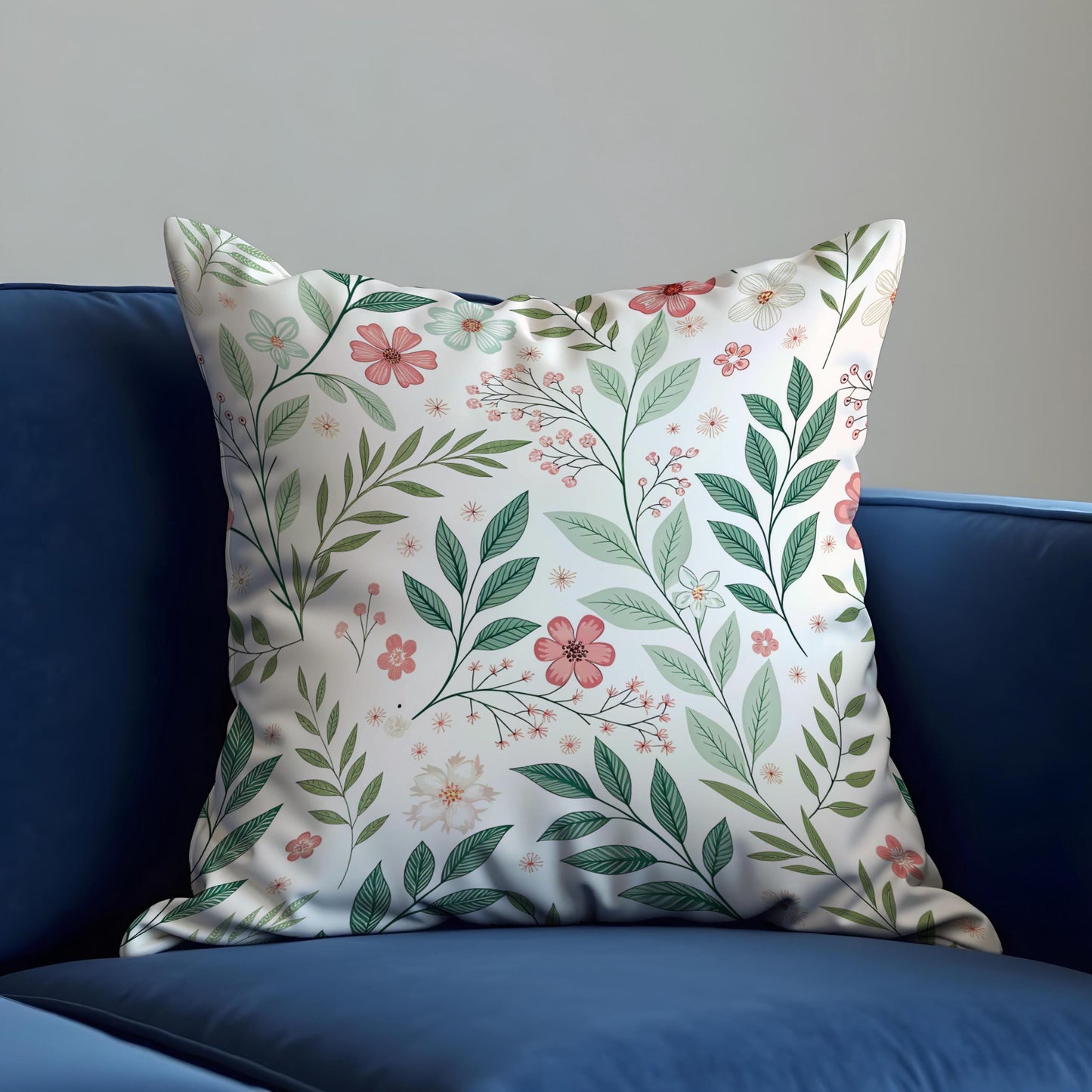 Floral Cushion Cover, Delicate Green Leaves & Pink Flowers Pillow Case