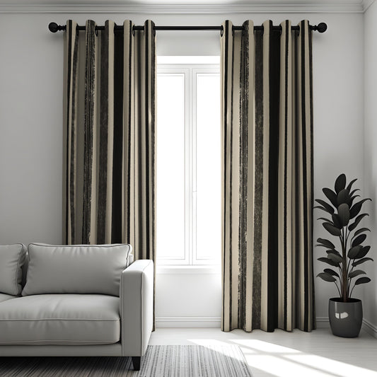 Black and Beige Striped Curtains, Minimalist Line Drapes