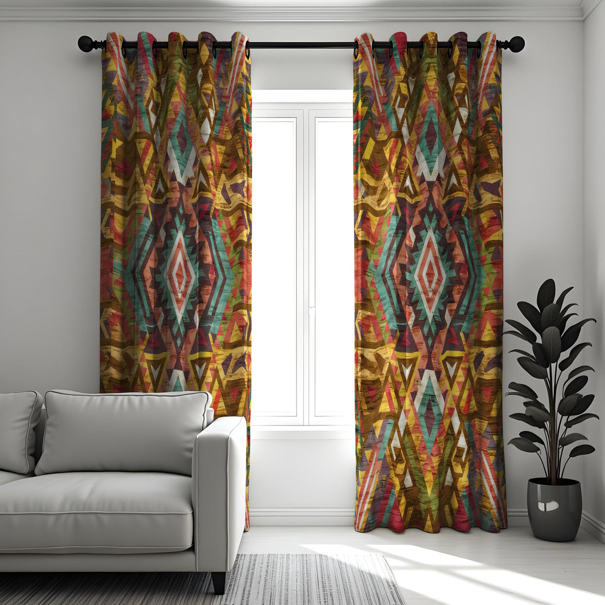 Colorful Tribal Aztec Curtains, Boho Geometric Drapes
