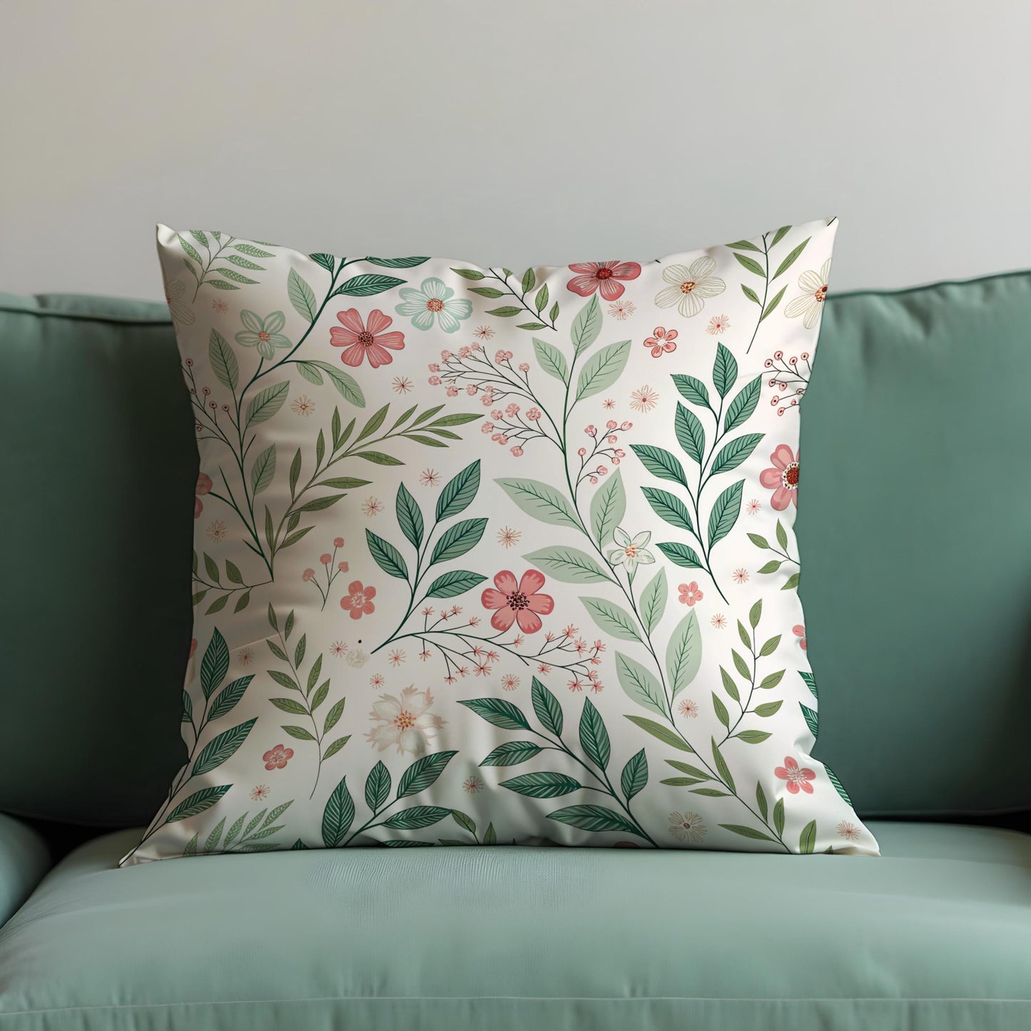 Floral Cushion Cover, Delicate Green Leaves & Pink Flowers Pillow Case