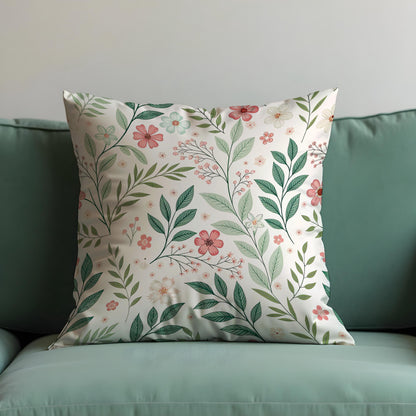 Floral Cushion Cover, Delicate Green Leaves & Pink Flowers Pillow Case