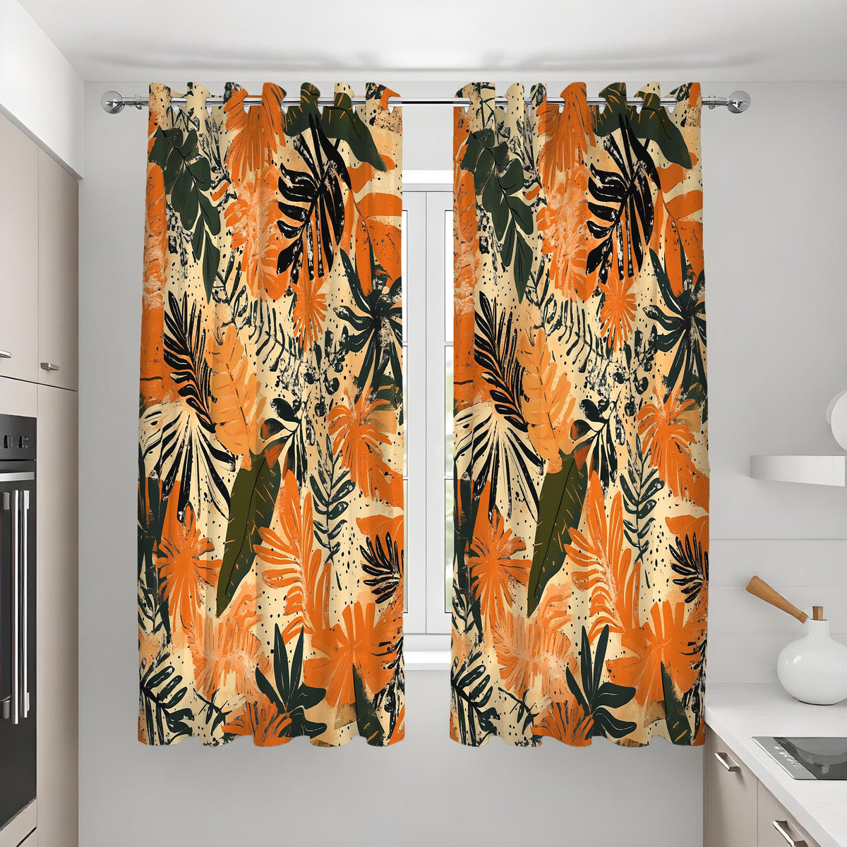 Orange Tropical Leaf Curtains, Jungle Foliage Window Drapes