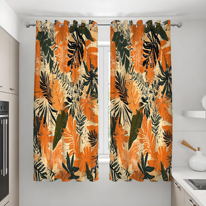 Orange Tropical Leaf Curtains, Jungle Foliage Window Drapes