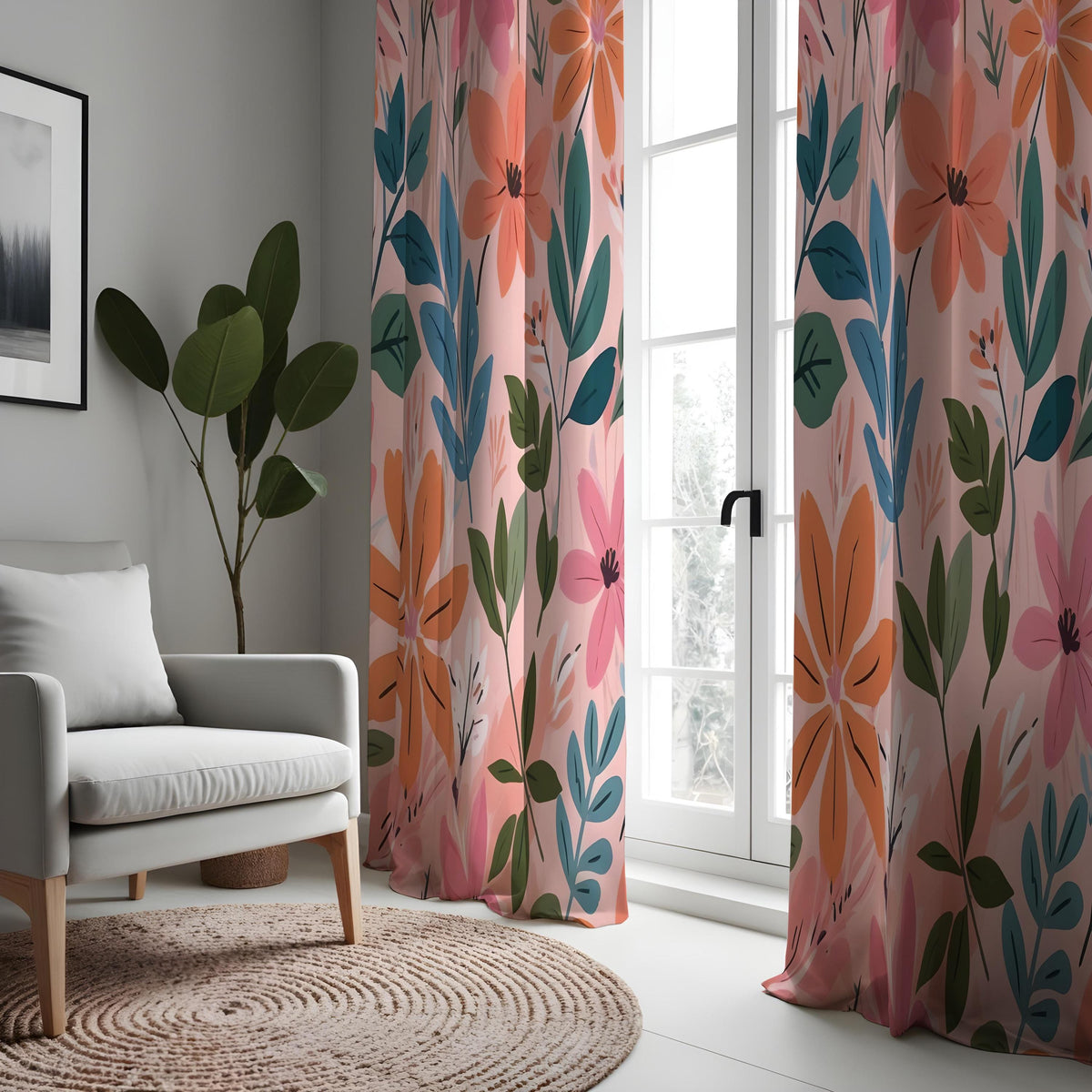 Peach Floral Curtains, Teal & Orange Leaf Botanical Drapes